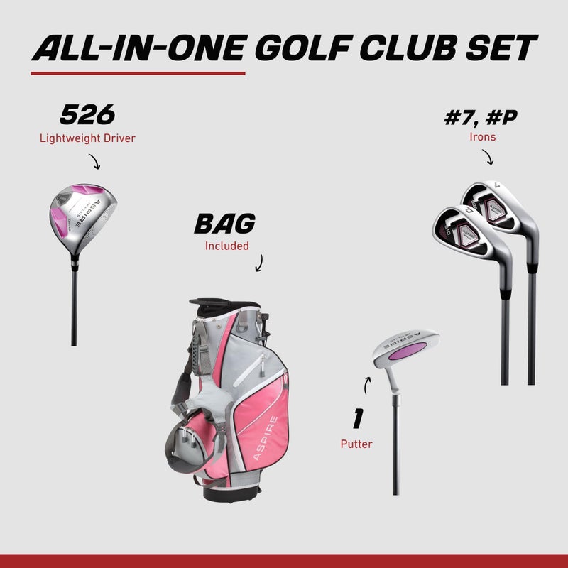 Aspire Junior Plus Kids Golf Clubs â€“ Boysâ€™ & Girlsâ€™ Right-Handed Golf Set with Lightweight Stand Bag, Graphite Shafts & Aircraft-Grade Aluminum Clubs - Pink Ages 5-6 - Image 2